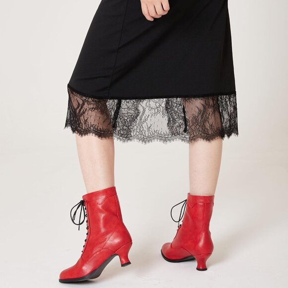 Women's Victorian Ankle Boots Mid Calf Round Toe Boots With Chunky Heel Red - Picture 7 of 7